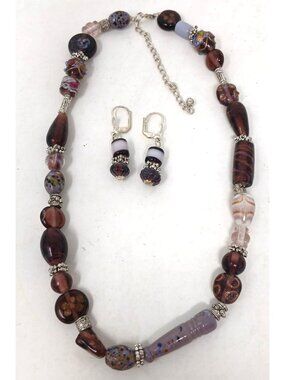 Handcrafted Necklace & Earrings Unique Multicolor Glass Beads Silver Tone #J8